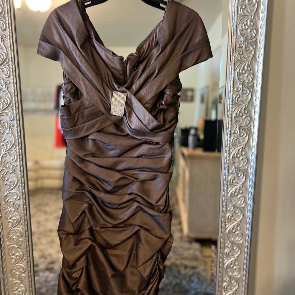 Mink colored rutched cocktail dress..